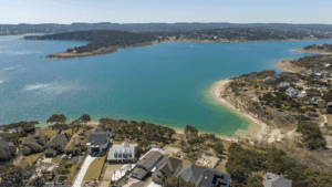 This is an aerial view of Canyon Lake, Texas.